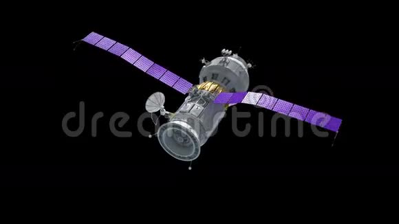 空间站在黑色背景下360度旋转航天器有卫星天线用于通信视频的预览图