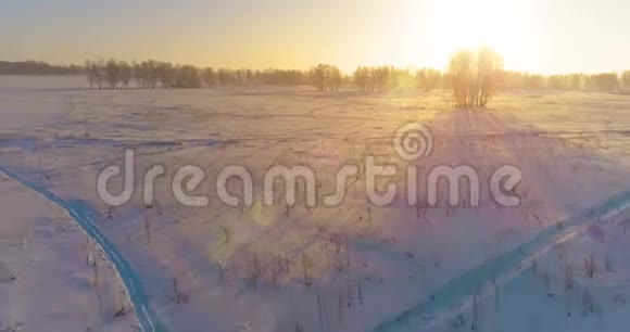 无人驾驶飞机观看寒冷的冬季景观北极的田野覆盖着霜雪的树木和清晨的阳光视频的预览图