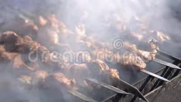在炭烤架上用烤串烹饪多汁的猪肉视频的预览图
