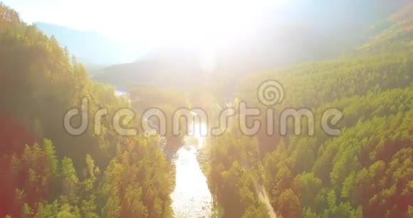 在阳光明媚的夏季早晨低空飞行在带岩石的新鲜快山河上视频的预览图