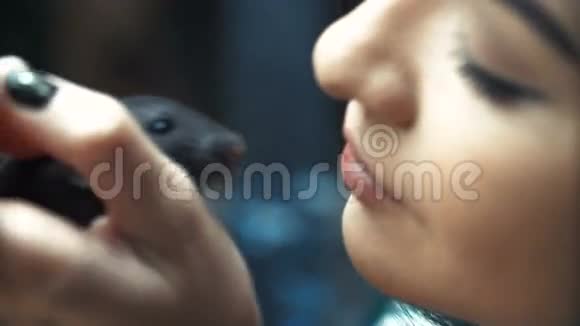 美丽可爱的女孩牵着一只小宠物棕色老鼠的手她拍拍她的吻和微笑青年视频的预览图