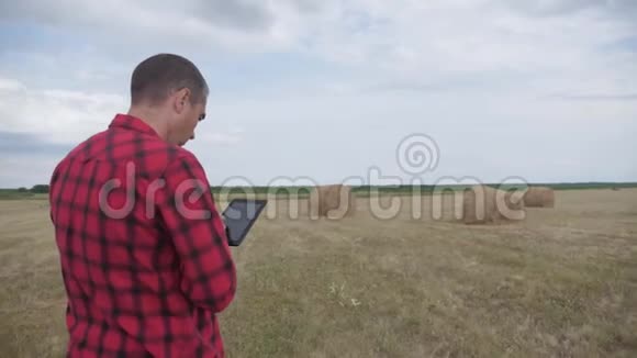 智慧农业理念一个农民在一个数字平板电脑生活方式的田地里研究干草堆慢动作视频的预览图