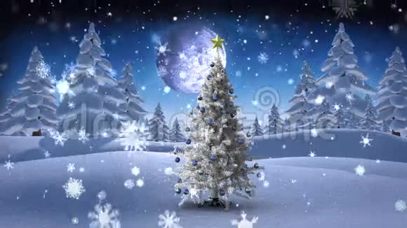 圣诞老人和他的雪橇飞过白雪皑皑的圣诞树视频的预览图