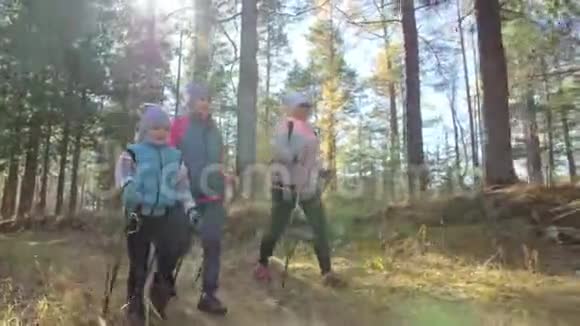 女人在大自然中行走北欧女孩和孩子使用跋涉棒和北欧杆背包家庭旅行视频的预览图