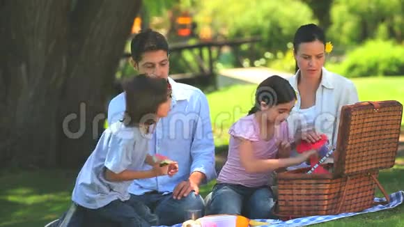 幸福的家庭在户外吃水果视频的预览图