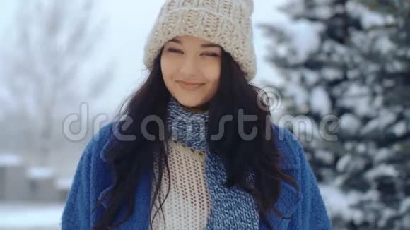 年轻微笑的女人冬天的肖像视频的预览图