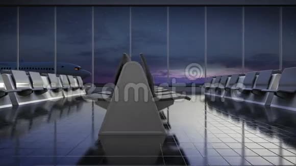 起飞飞机在飞行等候大厅晚安移动摄像机3D视频的预览图