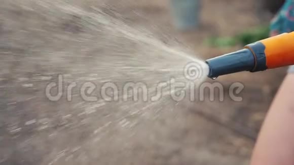 园艺园林护理理念泼水慢动作视频女人拿着花园水管生活方式浇水视频的预览图