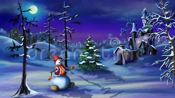 魔法城堡附近的雪人和圣诞树视频的预览图