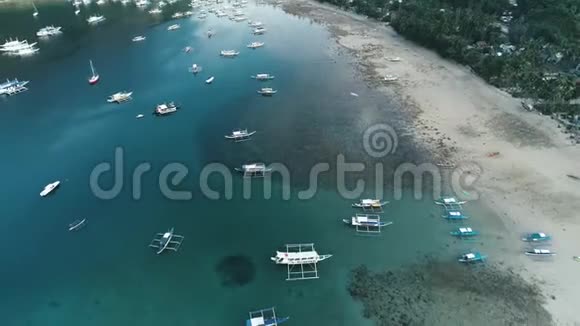 空中无人驾驶飞机观船停泊在海湾与清澈和绿松石水在热带泻湖的船和游艇视频的预览图