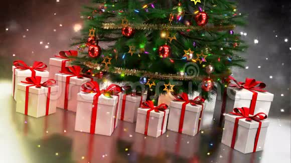 圣诞礼物与树在五颜六色的背景无缝环3D渲染视频的预览图