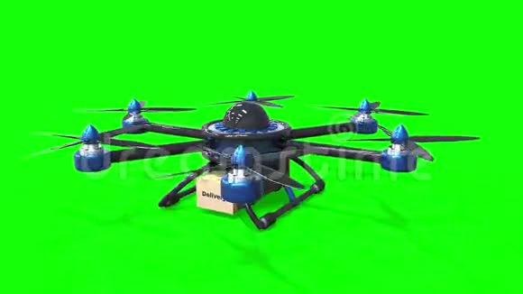 蓝色无人机送货六翼飞行器设计用来携带未来的货物交付照相机在周围飞来飞去视频的预览图