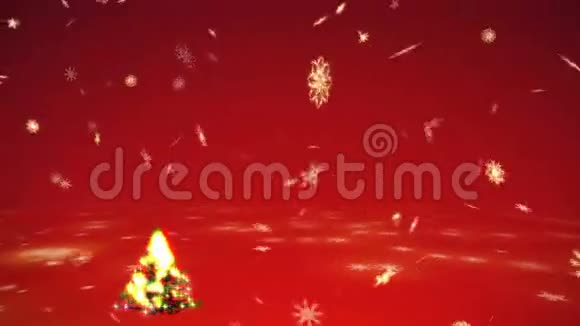 圣诞树上有超现实主义的等离子灯和红色背景下的金色雪花暴雪视频的预览图
