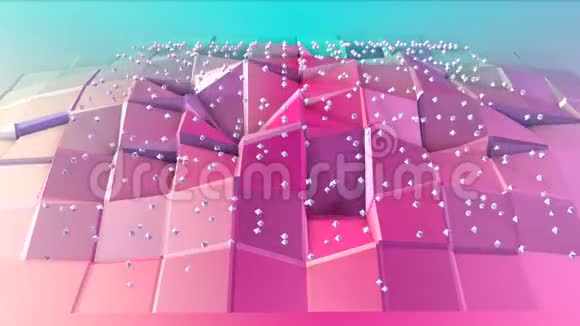 抽象简单的蓝色粉红色低聚三维表面和飞行白色晶体作为迷幻背景软几何视频的预览图