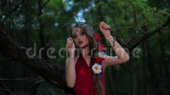 神秘女孩的肖像有着富有创意的红色服饰视频的预览图