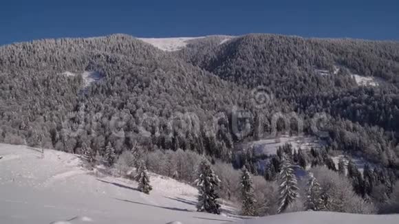 山里的冬天冬季森林山上白雪覆盖的树木蓝天视频的预览图
