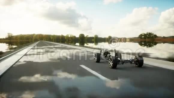 高速公路上带有发动机的汽车底盘过渡开得很快汽车概念现实的4k动画视频的预览图