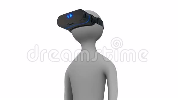 虚拟现实头盔中的3D男子在白色和黑色背景上环顾四周循环阿尔法冰铜视频的预览图