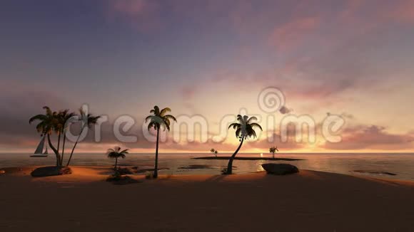 热带岛屿和游艇在日落时航行相机淘洗视频的预览图