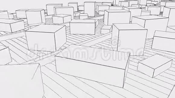 多个不同大小的纸箱在输送机上移动4K无缝循环素描动画视频的预览图
