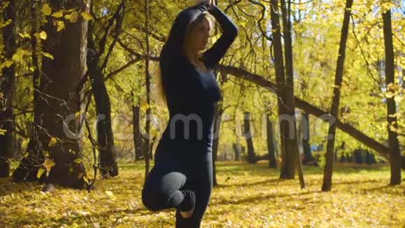 在公园里做瑜伽运动的年轻漂亮女人视频的预览图