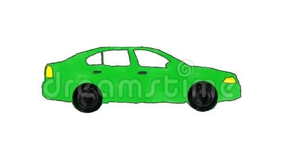 在阿尔法频道的循环中驾驶的手画卡通绿车视频的预览图