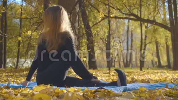 在公园里做瑜伽运动的年轻漂亮女人视频的预览图