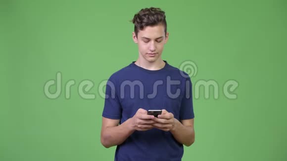 年轻英俊的十几岁男孩用电话视频的预览图