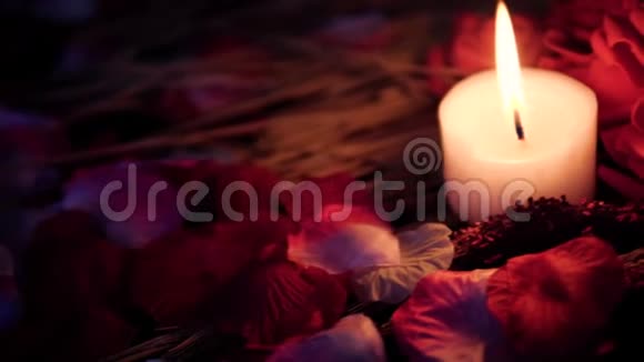 玫瑰花瓣的足动蜡烛燃烧和玫瑰花情人节视频的预览图