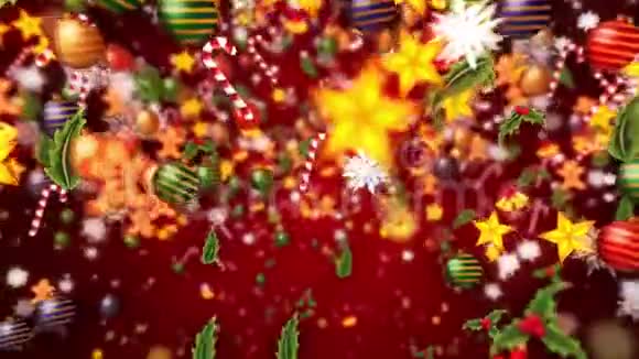豪华装修搭配雪晶圣诞元素图案冬季循环动画红色背景视频的预览图
