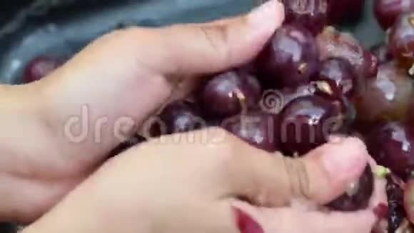 葡萄水果家庭葡萄酒加工彻底粉碎水果与年轻女性徒手视频的预览图