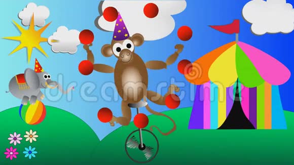 猴子在一个大球童卡通上玩球和马戏团大象平衡视频的预览图