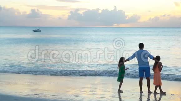 爸爸和孩子们享受海滩暑假热带假期流动人口视频的预览图