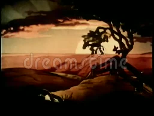 两头驴在夕阳前行走的卡通视频的预览图