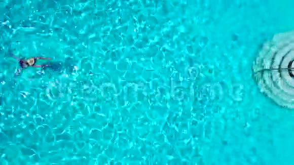 从顶部看一个穿蓝色泳衣的女人在游泳池里游泳视频的预览图