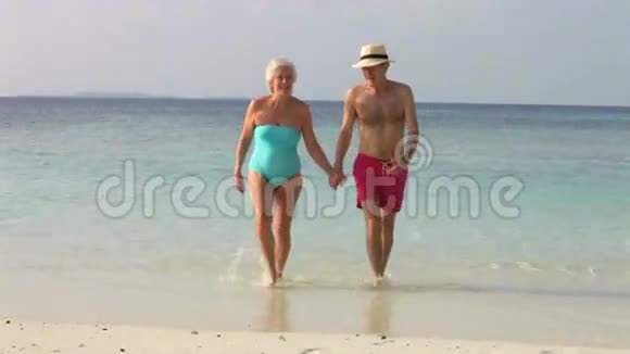 高级夫妇在美丽的海滩上散步视频的预览图