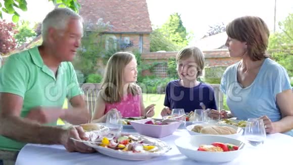 祖父母和孙子女在户外吃饭视频的预览图