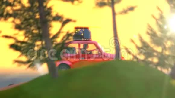 摘要卡通车与屋顶架在山路上的日落4k动画3渲染视频的预览图