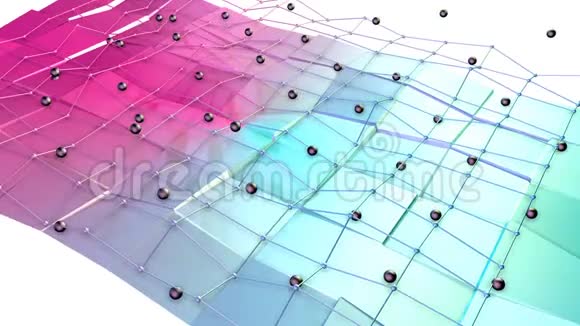 低聚三维表面与飞行网格或网格和黑色球体作为迷幻背景软几何低聚视频的预览图