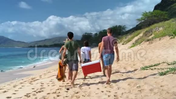在沙滩上行走的朋友群4k视频的预览图