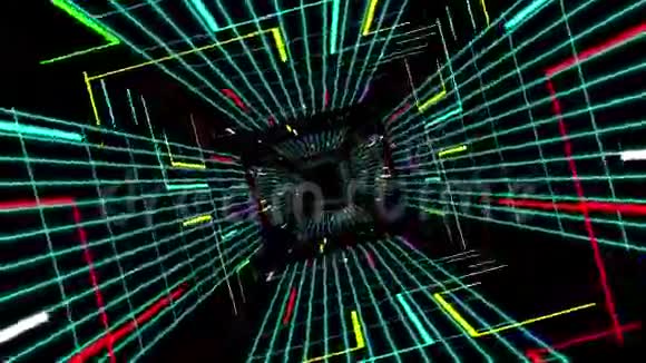 数字未来隧道路径的无缝三维动画彩色几何线和块状网格视频的预览图
