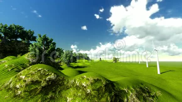 有时间流逝的云和风车的绿色景观视频的预览图