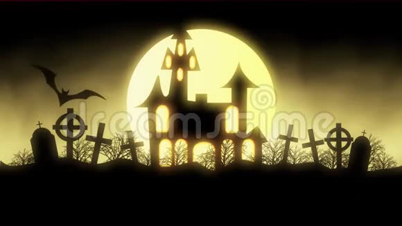 一个幽灵鬼屋和飞行蝙蝠万圣节的动画视频的预览图