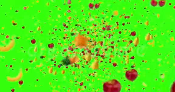 数字水果在绿色屏幕上的旋涡中飞行颜色关键背景淡出循环无缝视频的预览图