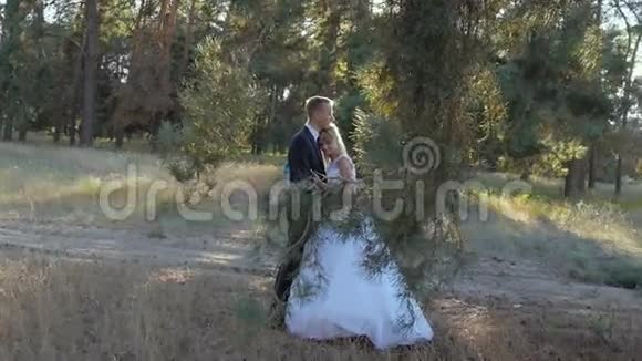 新郎在阳光的公园里拥抱新娘视频的预览图