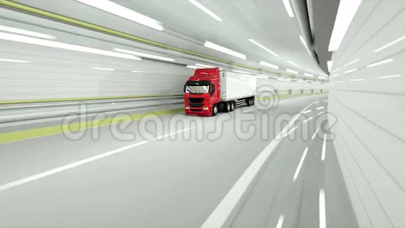 红色卡车在隧道里快速驾驶三维渲染视频的预览图