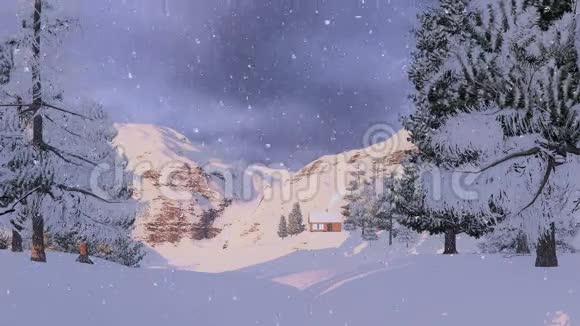 日出时雪山上的小茅屋视频的预览图