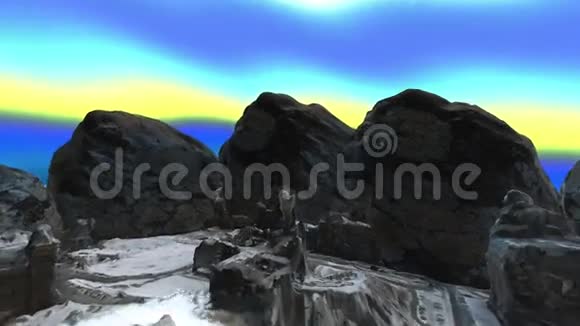 漂浮的陆地和岩石之间的宫殿与移动的天空视频的预览图