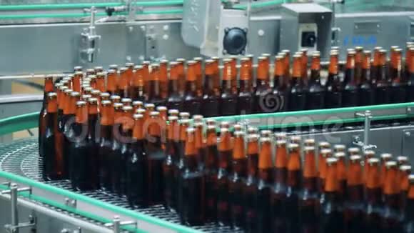 啤酒厂传送带上装有啤酒的棕色瓶子关闭视频的预览图