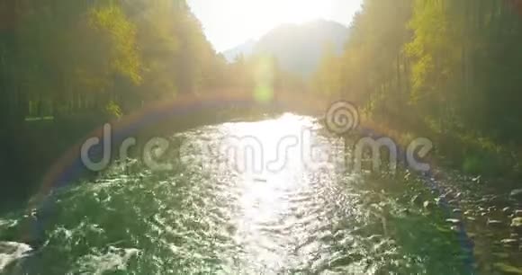 在阳光明媚的夏季早晨低空飞行在带岩石的新鲜快山河上视频的预览图